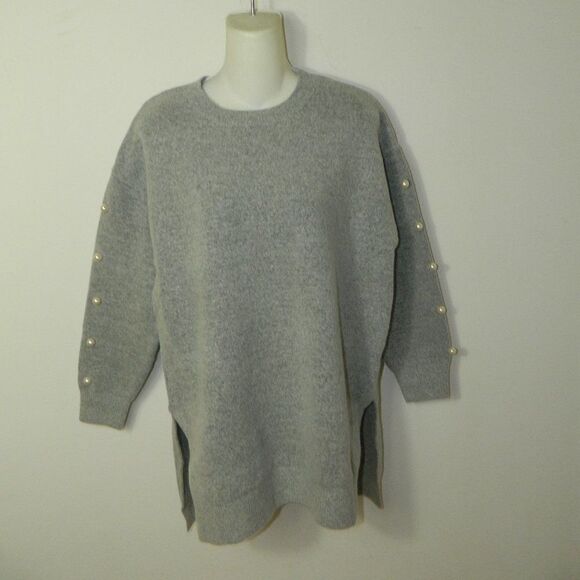 Zara Knits Sweater Grey  Pearls Sleeves Tunic Length Jumper‎ - Picture 1 of 12